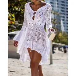 Women's Swimwear Cover Up Beach Dresses Swimsuit High Waist Slim Vacation Beach Wear Solid Color V Neck Long Sleeve