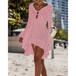 Women's Swimwear Cover Up Beach Dresses Swimsuit High Waist Slim Vacation Beach Wear Solid Color V Neck Long Sleeve