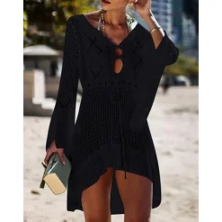 Women's Swimwear Cover Up Beach Dresses Swimsuit High Waist Slim Vacation Beach Wear Solid Color V Neck Long Sleeve