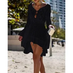 Women's Swimwear Cover Up Beach Dresses Swimsuit High Waist Slim Vacation Beach Wear Solid Color V Neck Long Sleeve