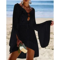 Women's Swimwear Cover Up Beach Dresses Swimsuit High Waist Slim Vacation Beach Wear Solid Color V Neck Long Sleeve