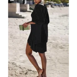 Women's Swimwear Cover Up Beach Dresses Swimsuit High Waist Slim Vacation Beach Wear Solid Color V Neck Long Sleeve