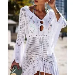 Women's Swimwear Cover Up Beach Dresses Swimsuit High Waist Slim Vacation Beach Wear Solid Color V Neck Long Sleeve