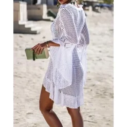 Women's Swimwear Cover Up Beach Dresses Swimsuit High Waist Slim Vacation Beach Wear Solid Color V Neck Long Sleeve