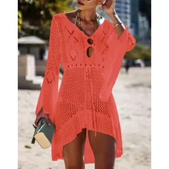 Women's Swimwear Cover Up Beach Dresses Swimsuit High Waist Slim Vacation Beach Wear Solid Color V Neck Long Sleeve