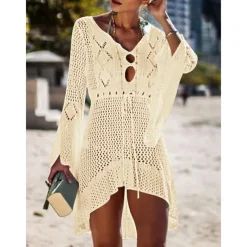 Women's Swimwear Cover Up Beach Dresses Swimsuit High Waist Slim Vacation Beach Wear Solid Color V Neck Long Sleeve