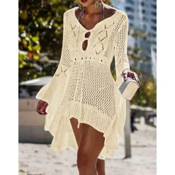 Women's Swimwear Cover Up Beach Dresses Swimsuit High Waist Slim Vacation Beach Wear Solid Color V Neck Long Sleeve
