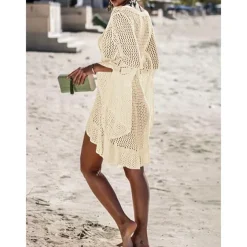 Women's Swimwear Cover Up Beach Dresses Swimsuit High Waist Slim Vacation Beach Wear Solid Color V Neck Long Sleeve