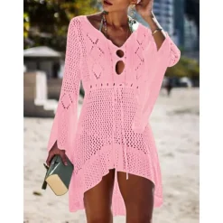 Women's Swimwear Cover Up Beach Dresses Swimsuit High Waist Slim Vacation Beach Wear Solid Color V Neck Long Sleeve