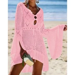 Women's Swimwear Cover Up Beach Dresses Swimsuit High Waist Slim Vacation Beach Wear Solid Color V Neck Long Sleeve