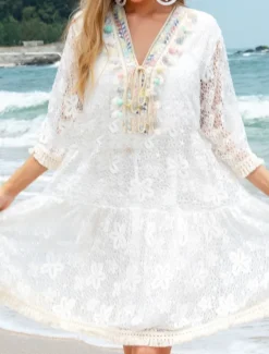 Women's Swimwear Cover Up Beach Dresses Swimsuit Lace Cut Out Vacation Beach Wear Plain Long Sleeve