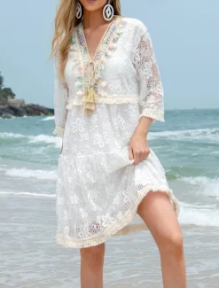 Women's Swimwear Cover Up Beach Dresses Swimsuit Lace Cut Out Vacation Beach Wear Plain Long Sleeve