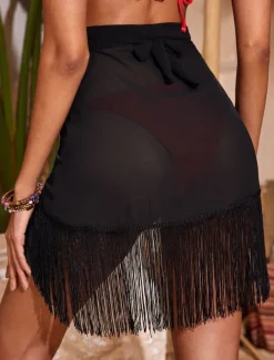 Women's Swimwear Cover Up Beach Bottom Swimsuit Fringe Hem Tassel Stylish Beach Wear Plain Pure Color Sleeveless Bathing Suits