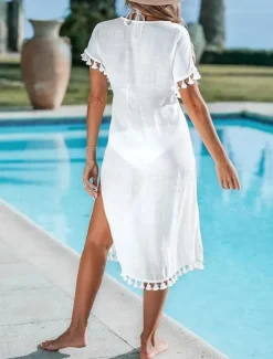 Women's Swimwear Cover Up Beach Dresses Swimsuit Fringe Vacation Beach Wear Solid Color V Neck Long Sleeve
