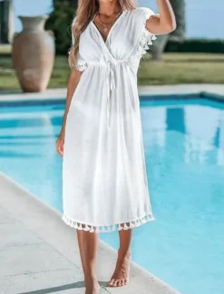 Women's Swimwear Cover Up Beach Dresses Swimsuit Fringe Vacation Beach Wear Solid Color V Neck Long Sleeve
