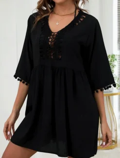 Women's Swimwear Cover Up Swim Dress Swimsuit Fringe Vacation Beach Wear Solid Color V Neck Long Sleeve Bathing Suits