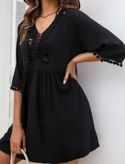 Women's Swimwear Cover Up Swim Dress Swimsuit Fringe Vacation Beach Wear Solid Color V Neck Long Sleeve Bathing Suits