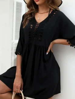 Women's Swimwear Cover Up Swim Dress Swimsuit Fringe Vacation Beach Wear Solid Color V Neck Long Sleeve Bathing Suits