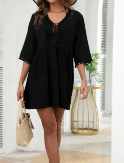 Women's Swimwear Cover Up Swim Dress Swimsuit Fringe Vacation Beach Wear Solid Color V Neck Long Sleeve Bathing Suits