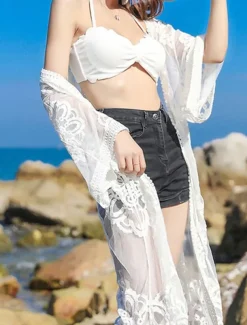 Women's Swimwear Cover Up Beach Dresses Swimsuit Lace Vacation Beach Wear Solid Color V Neck Long Sleeve