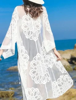 Women's Swimwear Cover Up Beach Dresses Swimsuit Lace Vacation Beach Wear Solid Color V Neck Long Sleeve