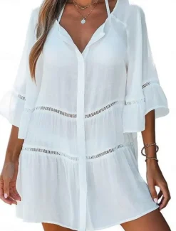 Women's Swimwear Cover Up Swim Dress Swimsuit Cut Out Vacation Beach Wear Solid Color V Neck Long Sleeve Bathing Suits
