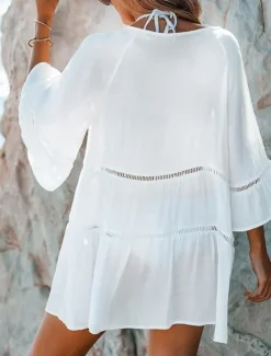Women's Swimwear Cover Up Swim Dress Swimsuit Cut Out Vacation Beach Wear Solid Color V Neck Long Sleeve Bathing Suits