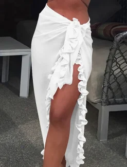 Women's Swimwear Cover Up Swim Shorts wrap Swimsuit Ruffle Sexy Holiday Plain Pure Color Sleeveless Bathing Suits