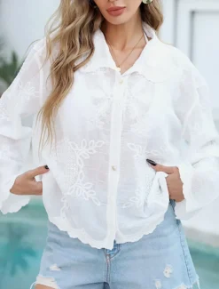 Women's Swimwear Cover Up Swimsuit Lace Buttons Vacation Beach Wear Solid Color V Neck Long Sleeve Bathing Suits
