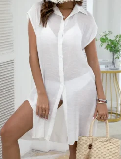 Women's Swimwear Cover Up Swim Dress Swimsuit Buttons Vacation Beach Wear Solid Color V Neck Short Sleeves Bathing Suits