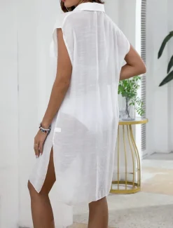 Women's Swimwear Cover Up Swim Dress Swimsuit Buttons Vacation Beach Wear Solid Color V Neck Short Sleeves Bathing Suits