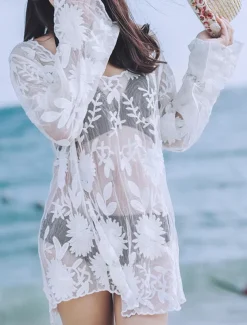 Women's Swimwear Cover Up Beach Dresses Swimsuit Cut Out Vacation Beach Wear Plain Long Sleeve