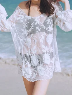 Women's Swimwear Cover Up Beach Dresses Swimsuit Cut Out Vacation Beach Wear Plain Long Sleeve