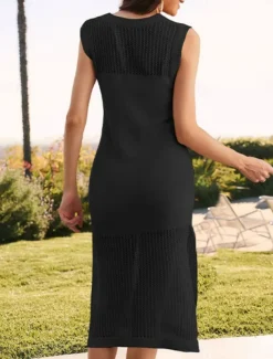 Women's Swimwear Cover Up Swim Dress Swimsuit Knitted Vacation Beach Wear Solid Color Round Neck Sleeveless Bathing Suits