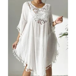 Women's Swimwear Cover Up Beach Dresses Swimsuit Vacation Beach Wear Solid Color Round Neck Short Sleeves