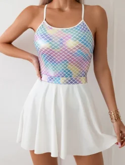 Women's Swimwear Monokini Swim Dress Swimsuit Backless Tummy Control High Waist Slim Vacation Beach Wear Ombre U Neck Sleeveless Bathing Suits