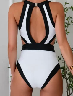 Women's Swimwear One Piece Monokini Swimsuit Backless Tummy Control High Waist Slim Vacation Beach Wear Solid Color Halter Neck Sleeveless Bathing Suits