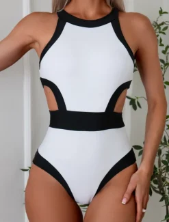Women's Swimwear One Piece Monokini Swimsuit Backless Tummy Control High Waist Slim Vacation Beach Wear Solid Color Halter Neck Sleeveless Bathing Suits