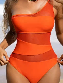 Women's Swimwear One Piece Swimsuit Backless Tummy Control High Waist Slim Vacation Beach Wear Solid Color Asymmetric Neck Sleeveless Bathing Suits