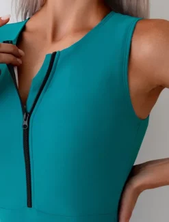 Women's Swimwear One Piece Swimsuit Zip Up Tummy Control High Waist Slim Vacation Beach Wear Solid Color Round Neck Sleeveless Bathing Suits