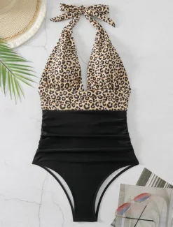 Women's Swimwear One Piece Monokini Swimsuit Backless Tummy Control High Waist Slim Vacation Beach Wear Leopard Halter Neck Sleeveless Bathing Suits