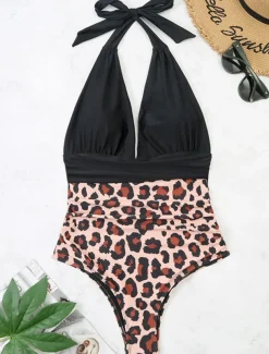 Women's Swimwear One Piece Monokini Swimsuit Backless Tummy Control High Waist Slim Vacation Beach Wear Leopard Halter Neck Sleeveless Bathing Suits