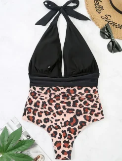 Women's Swimwear One Piece Monokini Swimsuit Backless Tummy Control High Waist Slim Vacation Beach Wear Leopard Halter Neck Sleeveless Bathing Suits