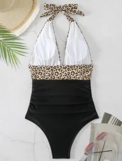 Women's Swimwear One Piece Monokini Swimsuit Backless Tummy Control High Waist Slim Vacation Beach Wear Leopard Halter Neck Sleeveless Bathing Suits