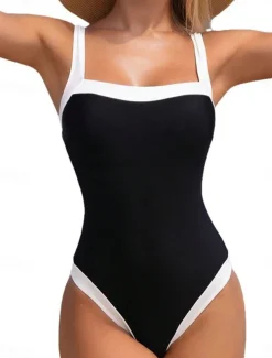 Women's Swimwear One Piece Swimsuit Backless Tummy Control High Waist Slim Vacation Beach Wear Color Block Sleeveless Bathing Suits