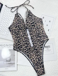 Women's Swimwear One Piece Monokini Swimsuit Backless Tummy Control High Waist Slim Vacation Beach Wear Leopard Halter Neck Sleeveless Bathing Suits