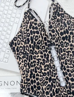 Women's Swimwear One Piece Monokini Swimsuit Backless Tummy Control High Waist Slim Vacation Beach Wear Leopard Halter Neck Sleeveless Bathing Suits