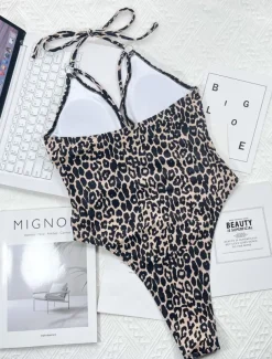 Women's Swimwear One Piece Monokini Swimsuit Backless Tummy Control High Waist Slim Vacation Beach Wear Leopard Halter Neck Sleeveless Bathing Suits