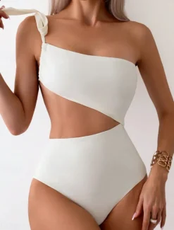 Women's Swimwear One Piece Monokini Swimsuit Backless Tummy Control High Waist Slim Vacation Beach Wear Solid Color Asymmetric Neck Sleeveless Bathing Suits