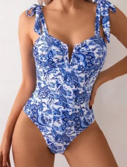 Women's Swimwear One Piece Monokini Swimsuit Backless Tummy Control High Waist Slim Vacation Beach Wear Floral V Wire Sleeveless Bathing Suits